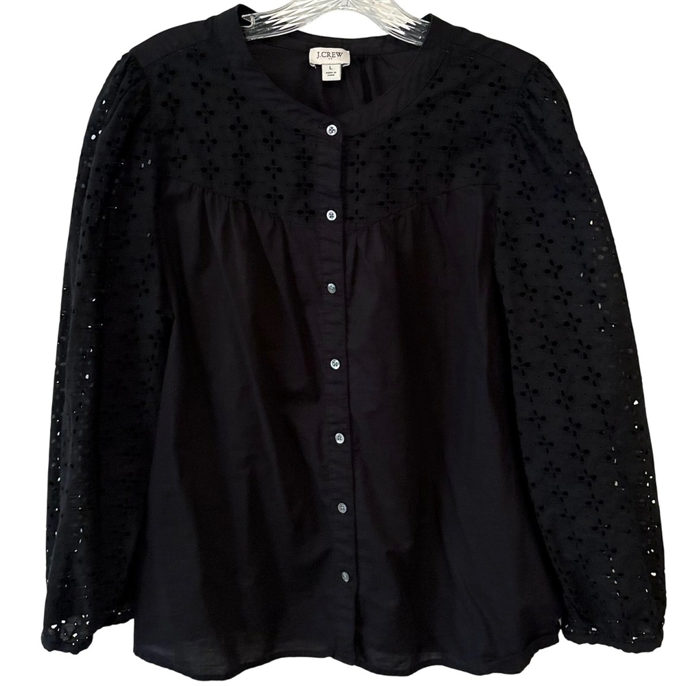 J. Crew Factory Black Eyelet Mixed Media Button Front‎ Collarless Top in Size L